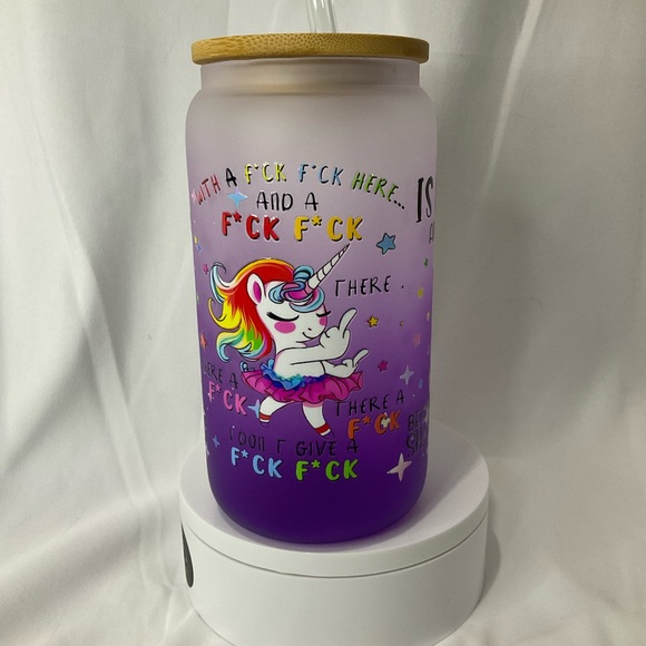 Other - 16 Ounce Handmade Purple Frosted Glass Can Cup w/Lid & Straw,Unicorn,Slight flaw